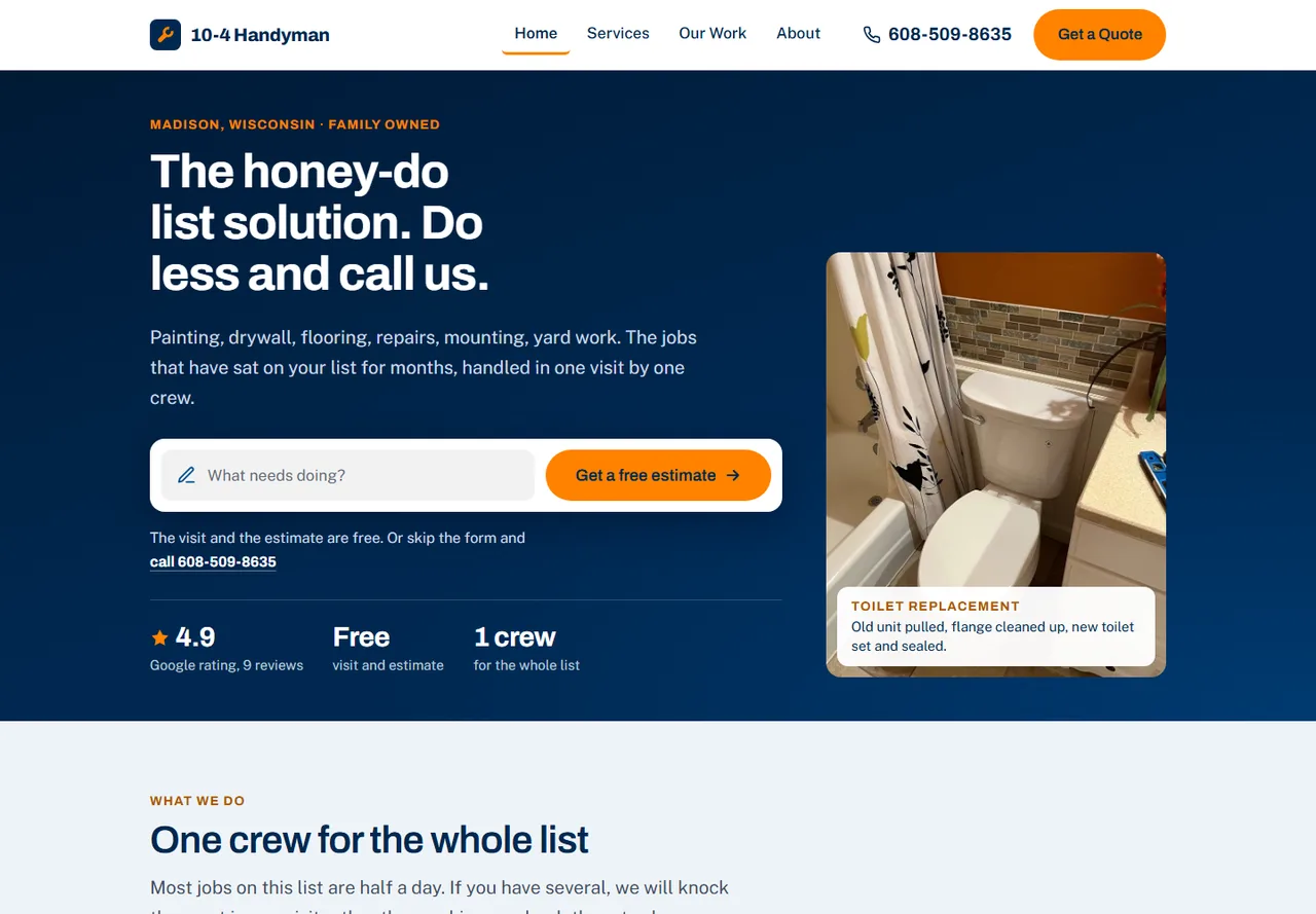 The 10-4 Handyman Services homepage.