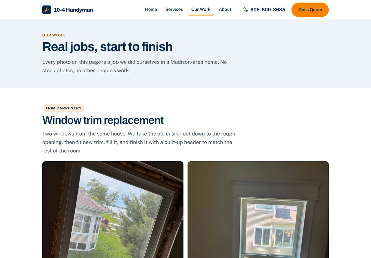 The Our Work page of the 10-4 Handyman site, showing a window trim replacement before and after.