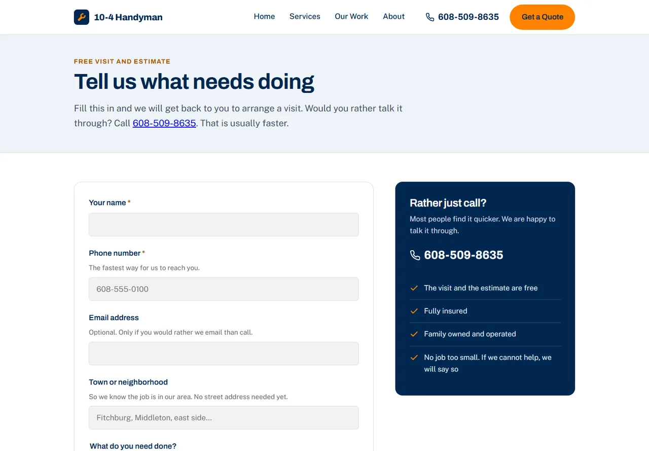 The quote request page of the 10-4 Handyman site, with a form and a photo upload field.
