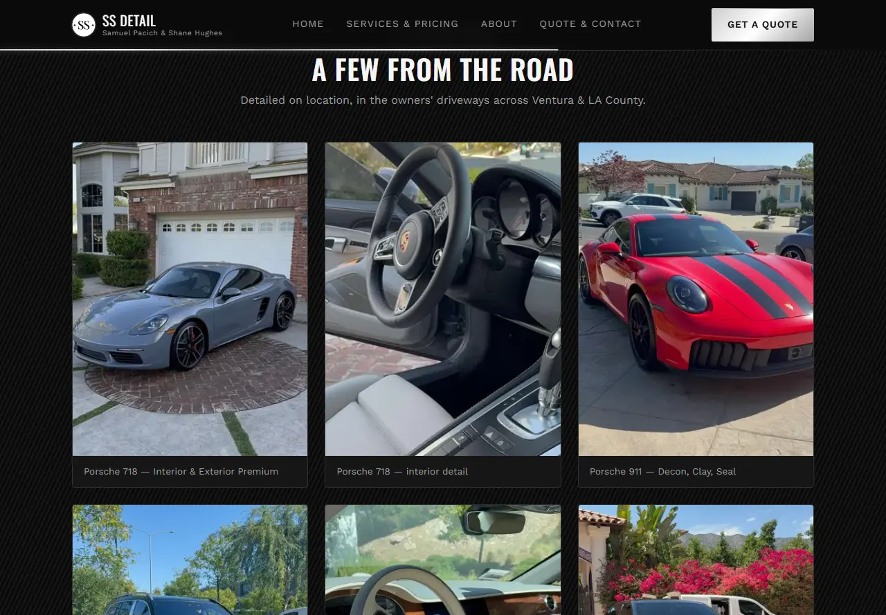 The recent work section of the SS Detail site: a grey Porsche 718, its interior, and a red Porsche 911, each detailed in a customer's driveway.