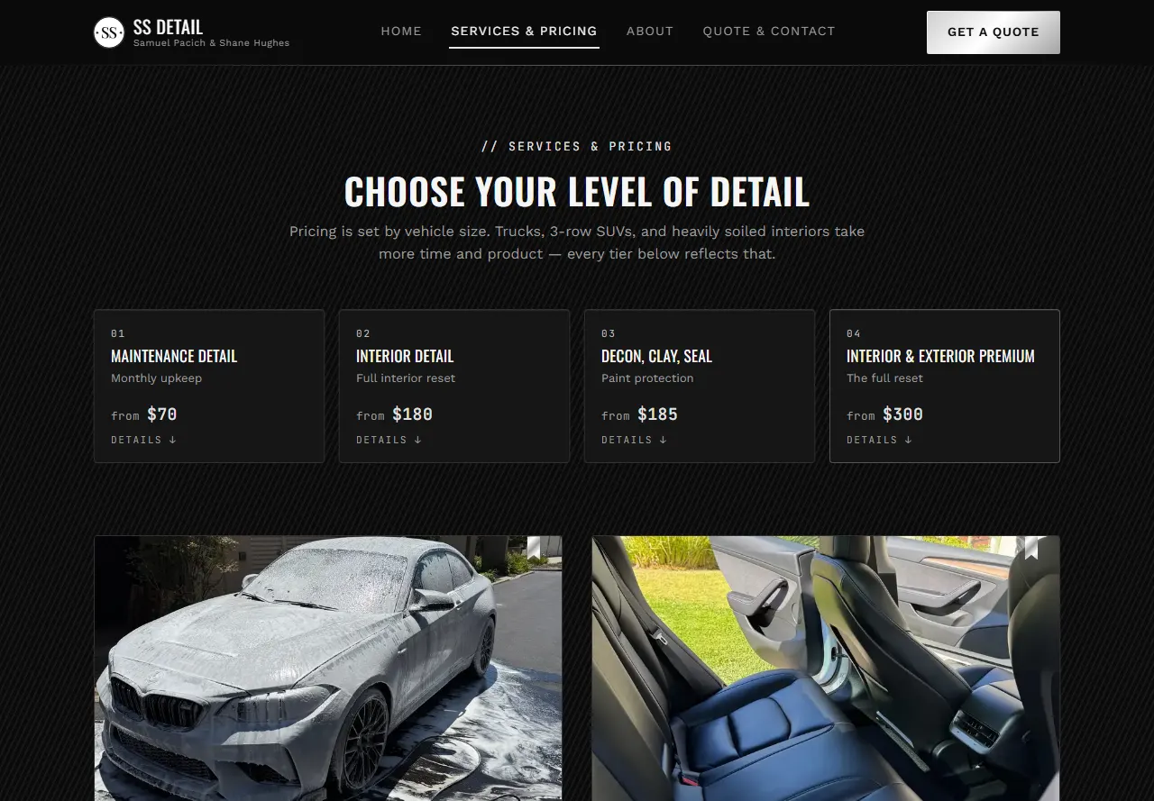 The Services & Pricing page of the SS Detail site, with four packages and their starting prices in a row above the full package cards.